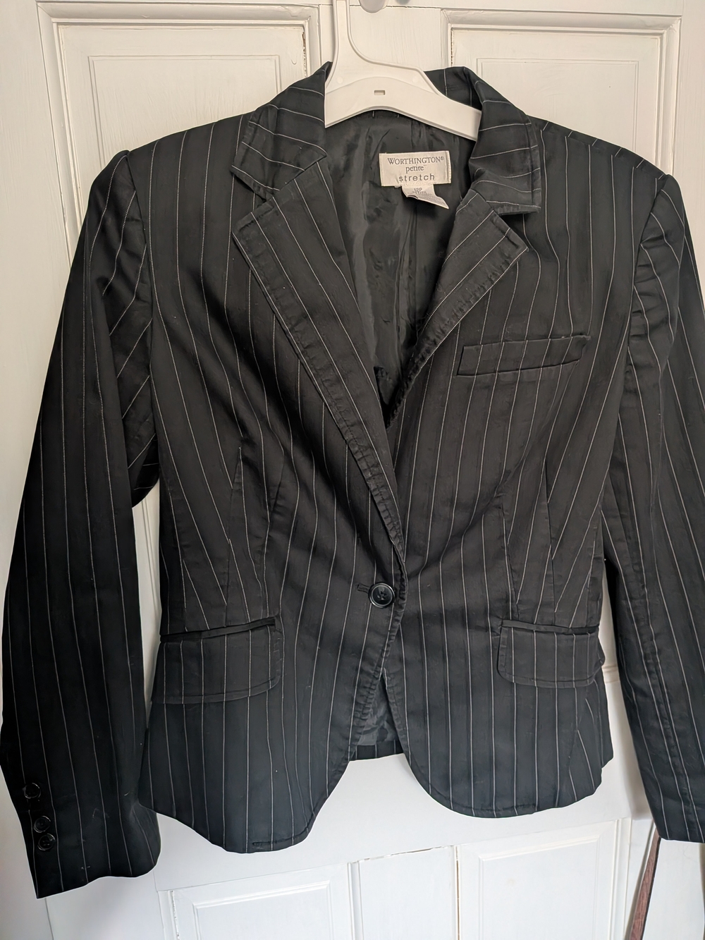Worthington Petite Stretch Blazer Women 12P Black Pinstripe One Button Career Y2